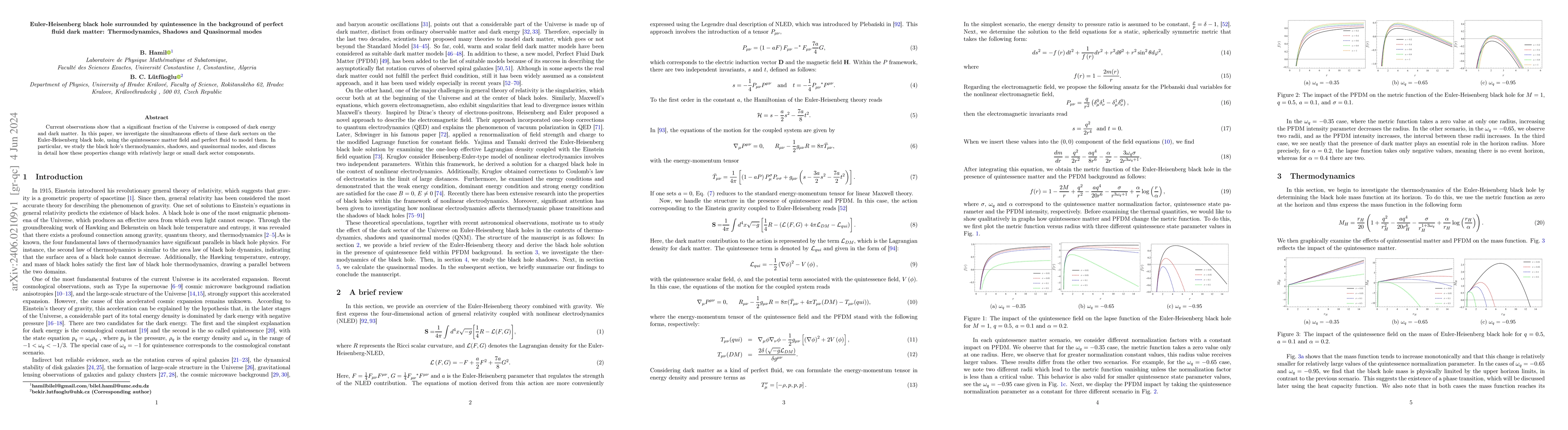 Thumbnail for Euler-Heisenberg black hole surrounded by quintessence in the background
  of perfect fluid dark matter: Thermodynamics, Shadows and Quasinormal modes