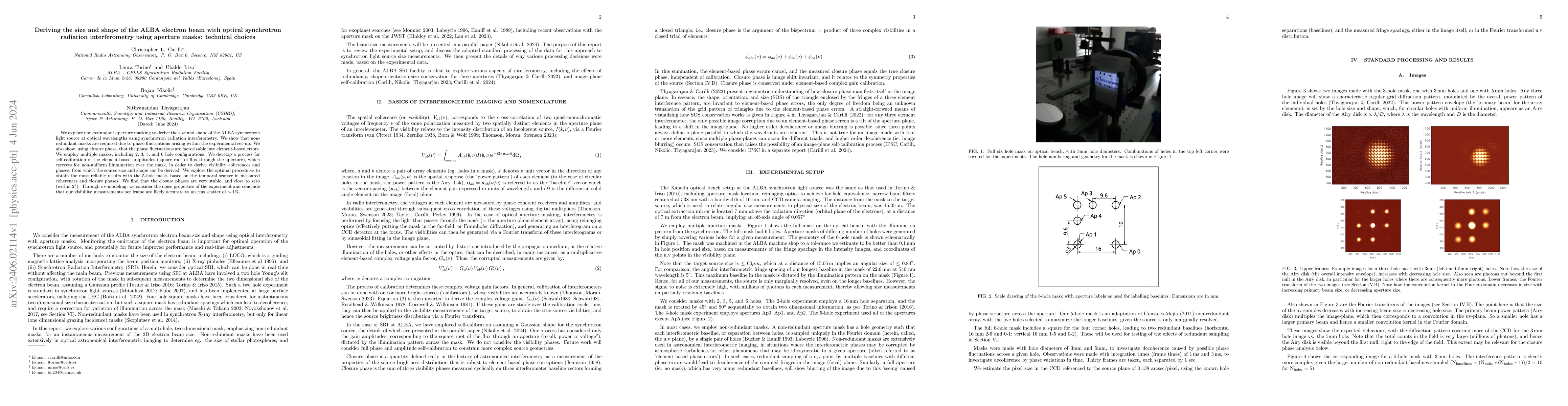 Thumbnail for Deriving the size and shape of the ALBA electron beam with optical
  synchrotron radiation interferometry using aperture masks: technical choices