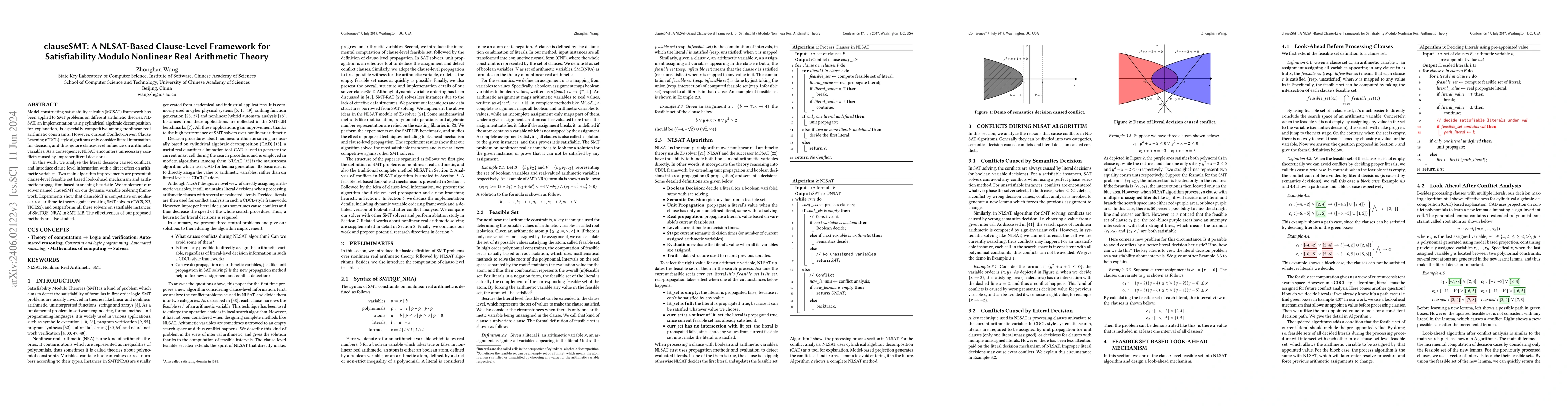 Thumbnail for clauseSMT: A NLSAT-Based Clause-Level Framework for Satisfiability
  Modulo Nonlinear Real Arithmetic Theory