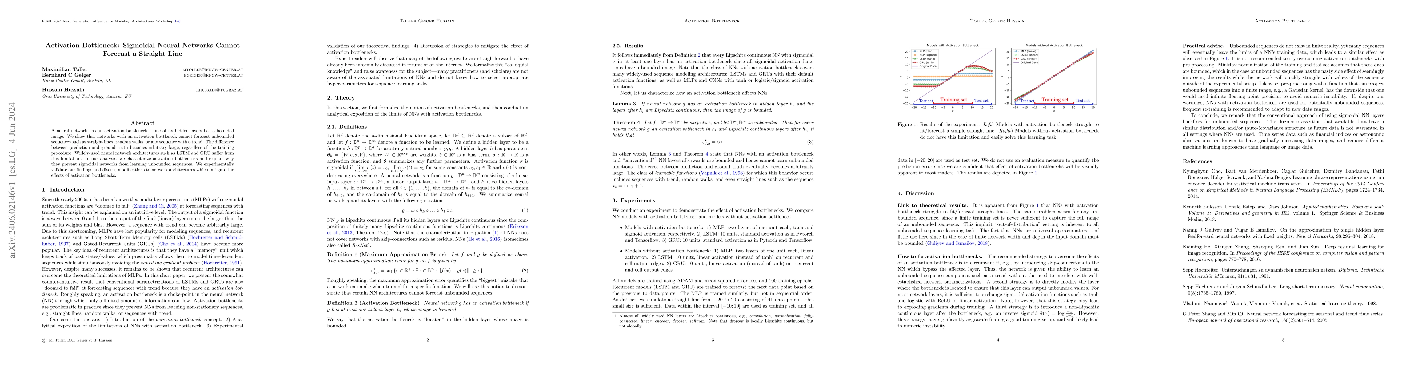 Thumbnail for Activation Bottleneck: Sigmoidal Neural Networks Cannot Forecast a
  Straight Line