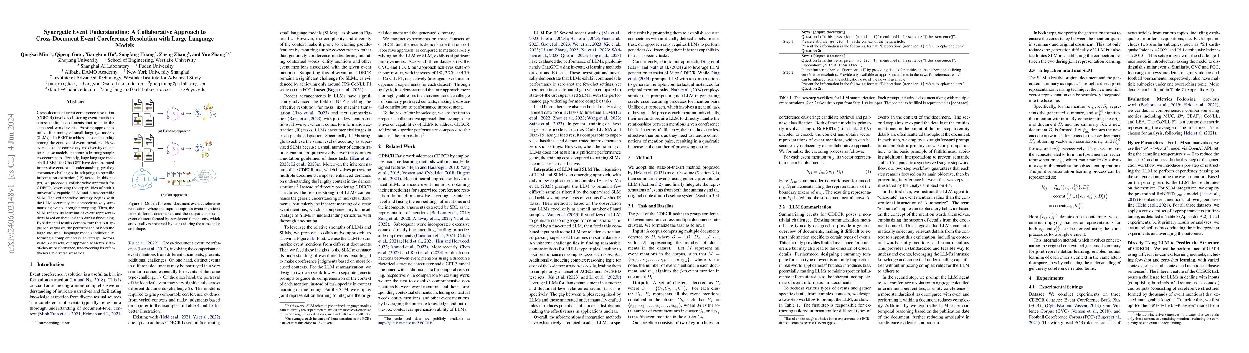 Thumbnail for Synergetic Event Understanding: A Collaborative Approach to
  Cross-Document Event Coreference Resolution with Large Language Models