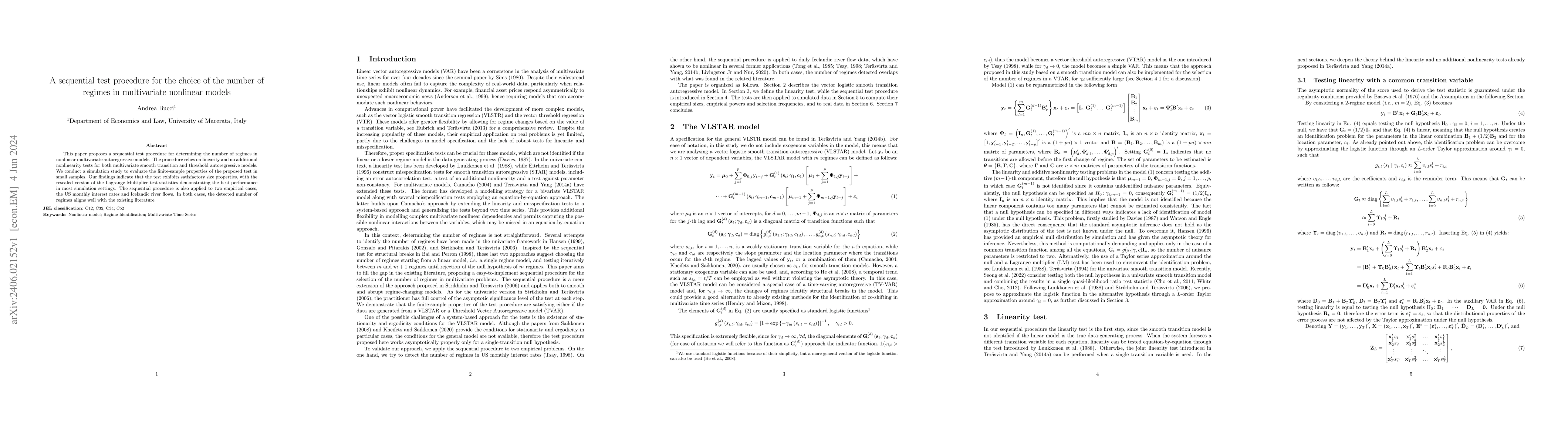 Thumbnail for A sequential test procedure for the choice of the number of regimes in
  multivariate nonlinear models