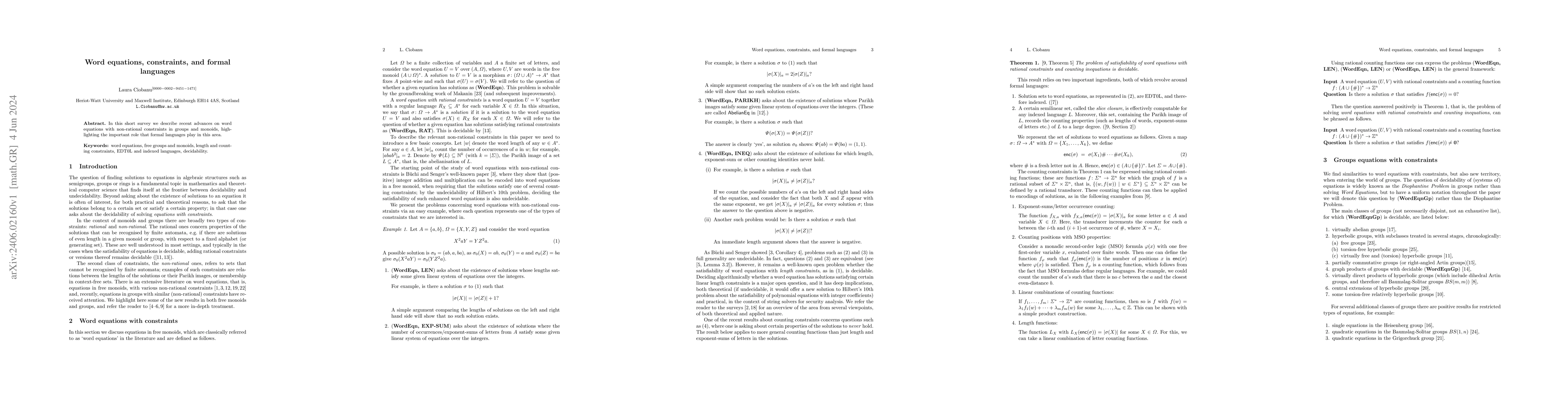 Thumbnail for Word equations, constraints, and formal languages