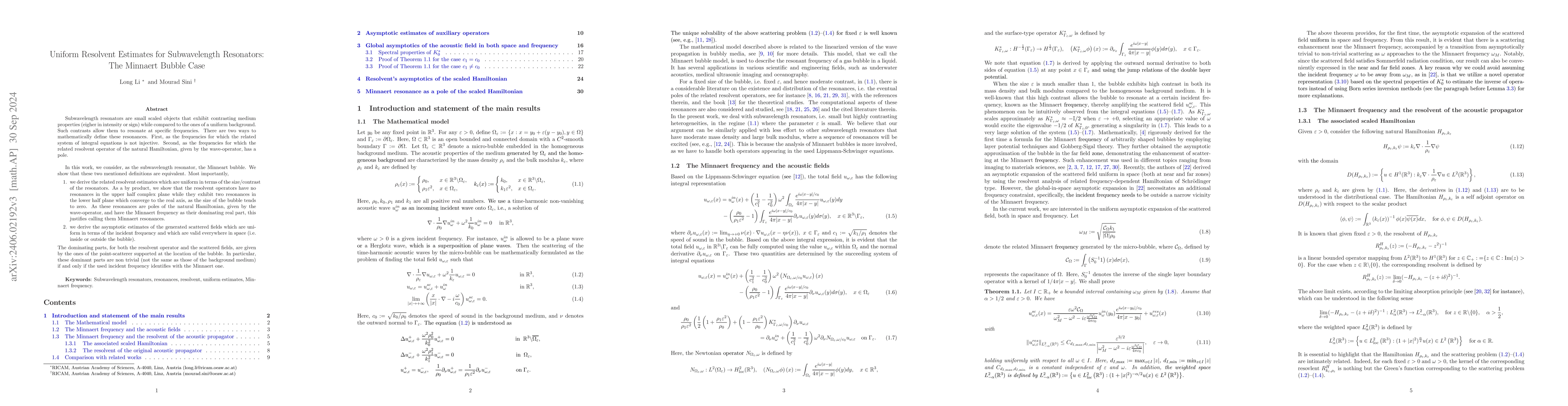 Thumbnail for Uniform Resolvent Estimates for Subwavelength Resonators: The Minnaert
  Bubble Case