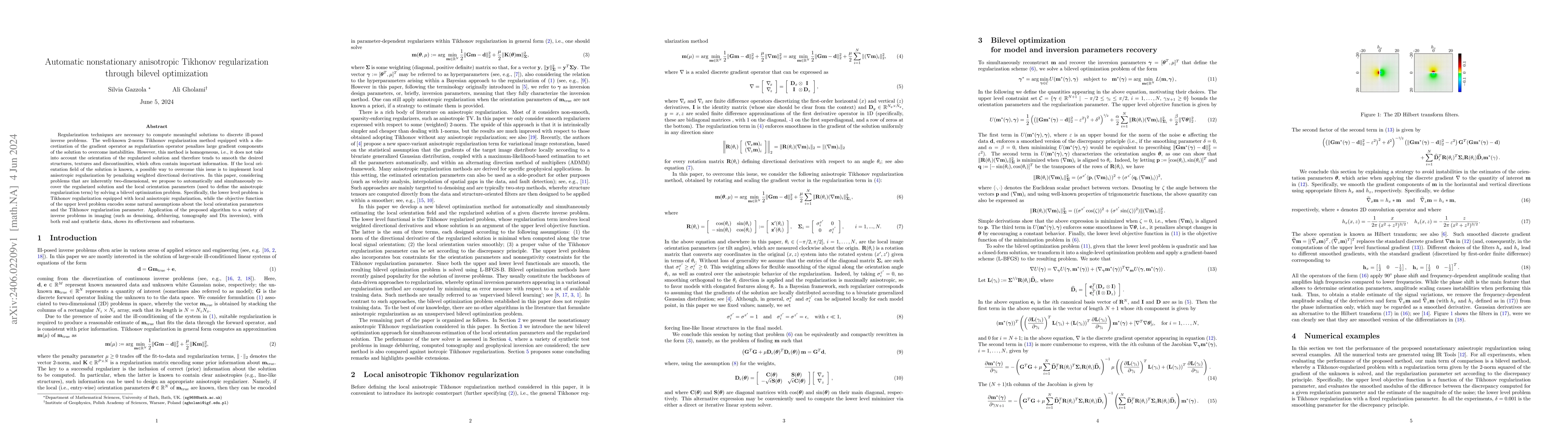 Thumbnail for Automatic nonstationary anisotropic Tikhonov regularization through
  bilevel optimization