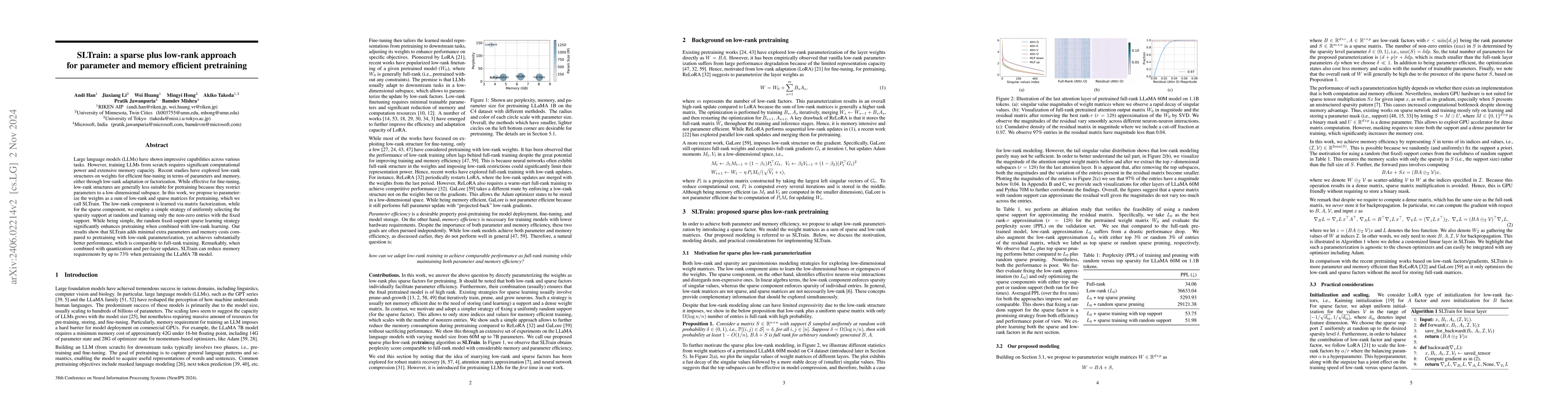 Thumbnail for SLTrain: a sparse plus low-rank approach for parameter and memory
  efficient pretraining