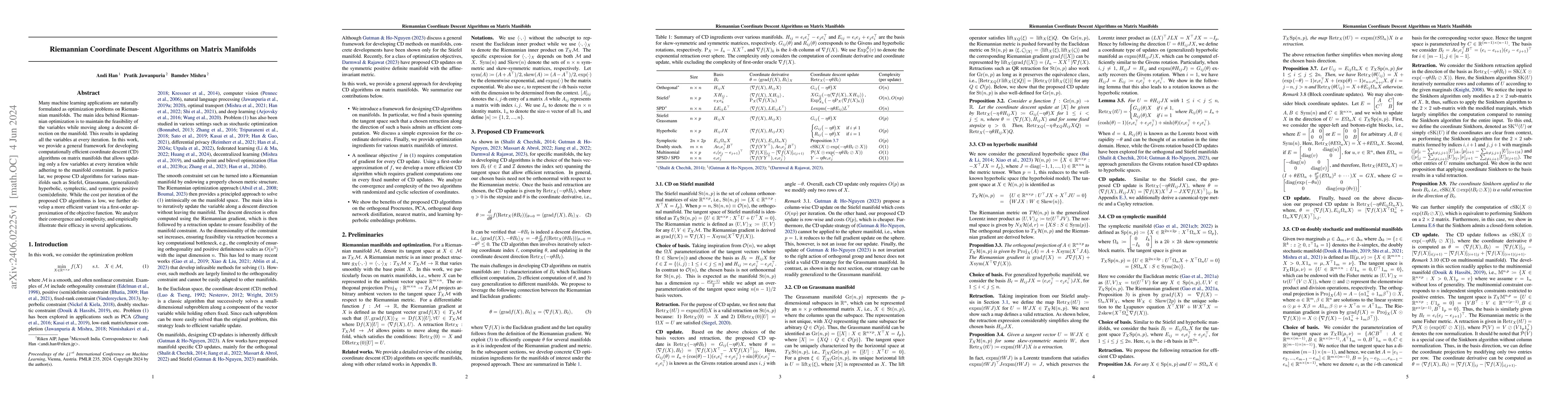 Thumbnail for Riemannian coordinate descent algorithms on matrix manifolds