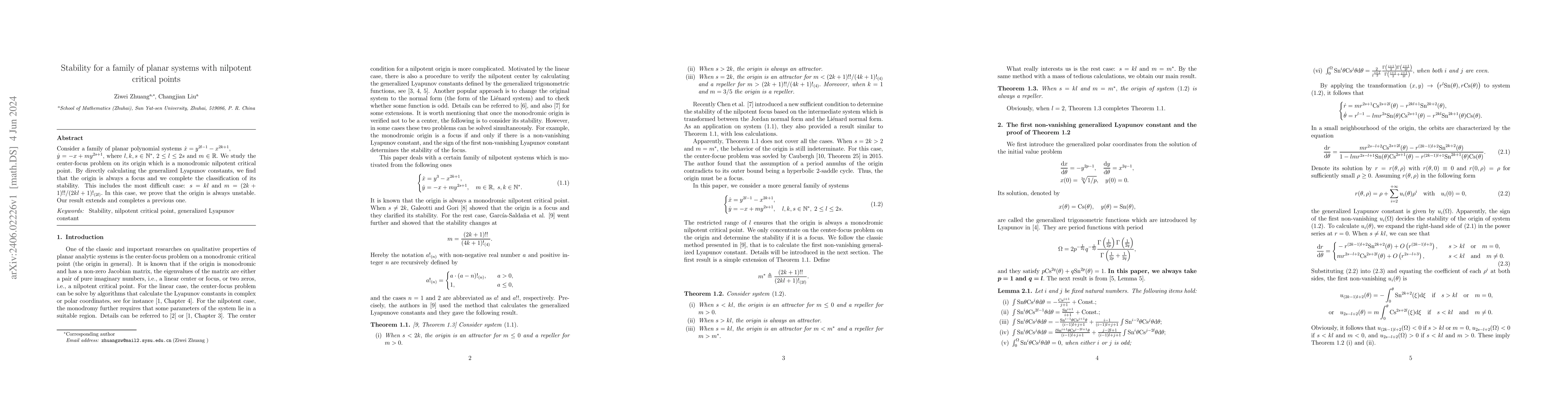 Thumbnail for Stability for a family of planar systems with nilpotent critical points