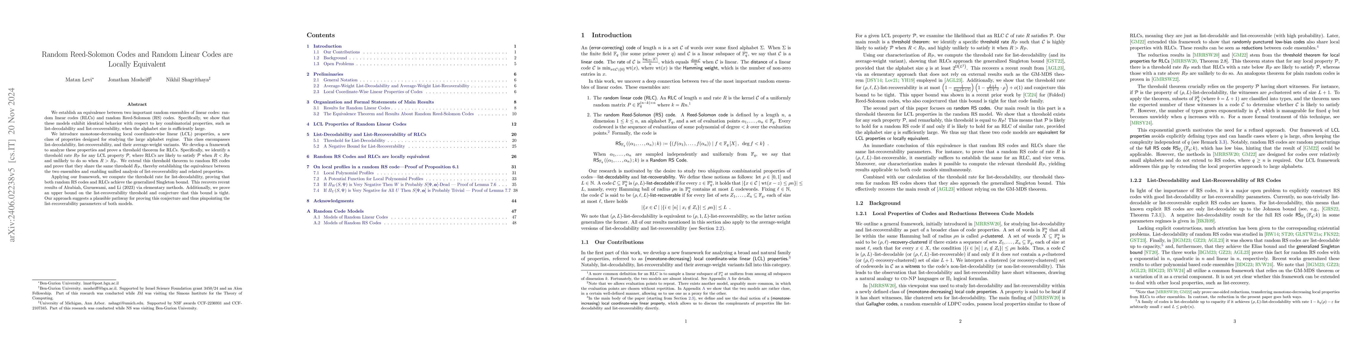 Thumbnail for Local Properties of Reed-Solomon Codes and Random Linear Codes