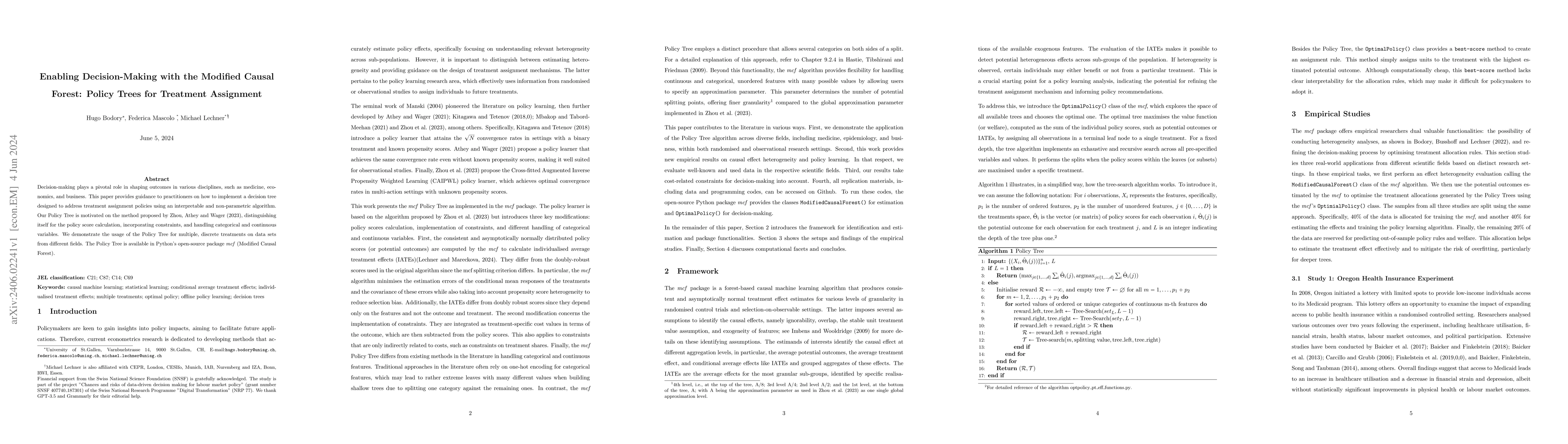 Thumbnail for Enabling Decision-Making with the Modified Causal Forest: Policy Trees
  for Treatment Assignment