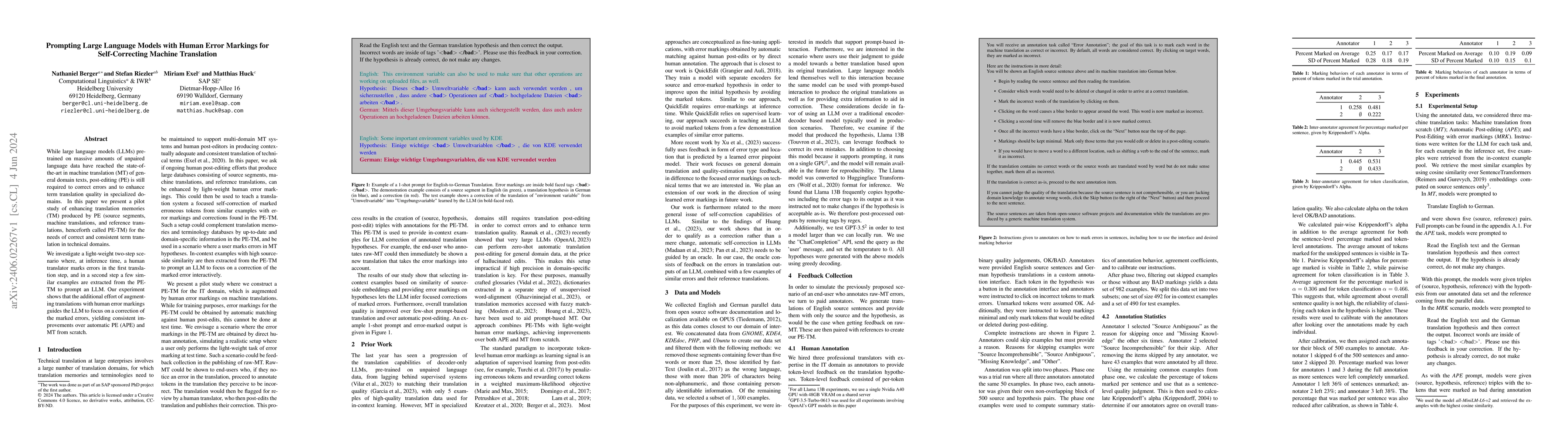 Thumbnail for Prompting Large Language Models with Human Error Markings for
  Self-Correcting Machine Translation