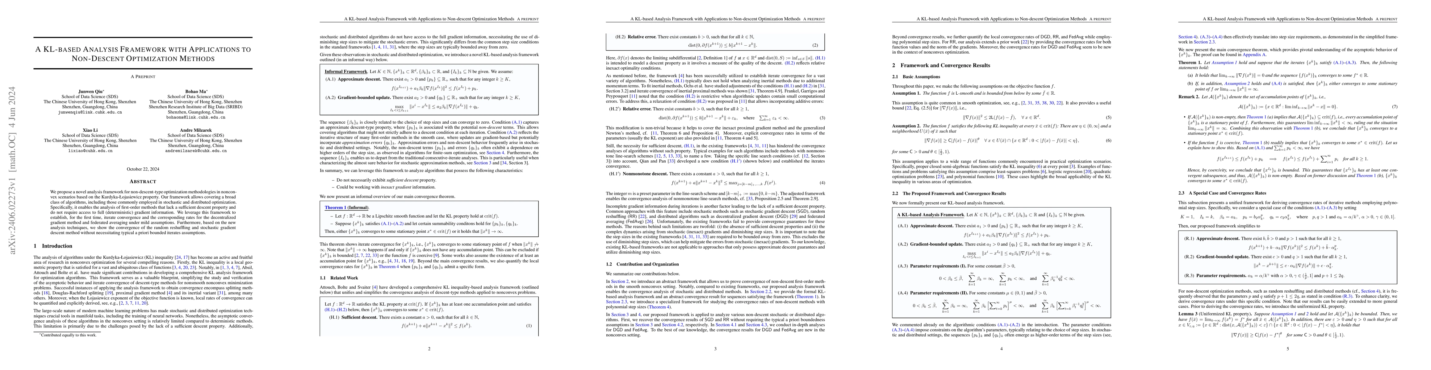 Thumbnail for A KL-based Analysis Framework with Applications to Non-Descent
  Optimization Methods