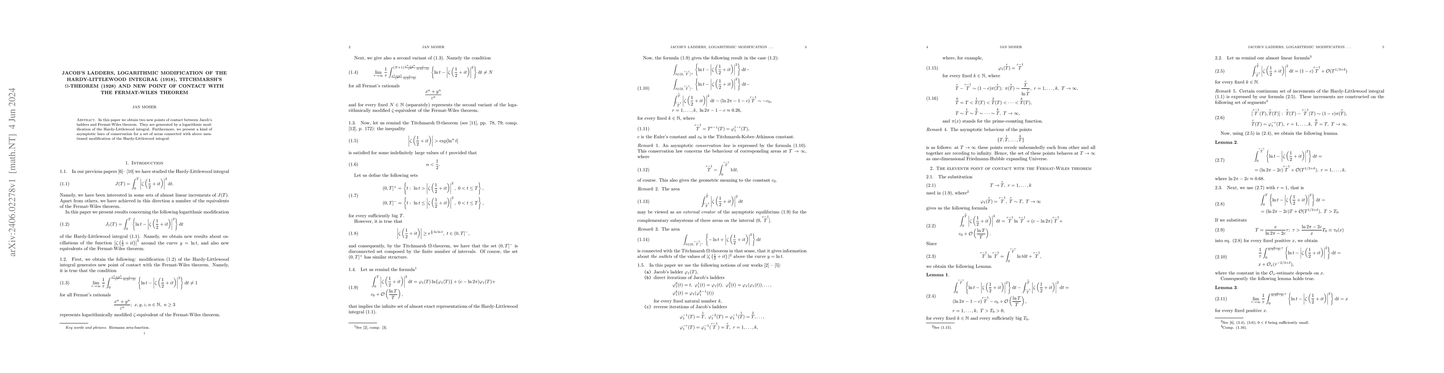 Thumbnail for Jacob's ladders, logarithmic modification of the Hardy-Littlewood
  integral (1918), Titchmarsh's $\Omega$-theorem (1928) and new point of
  contact with the Fermat-Wiles theorem