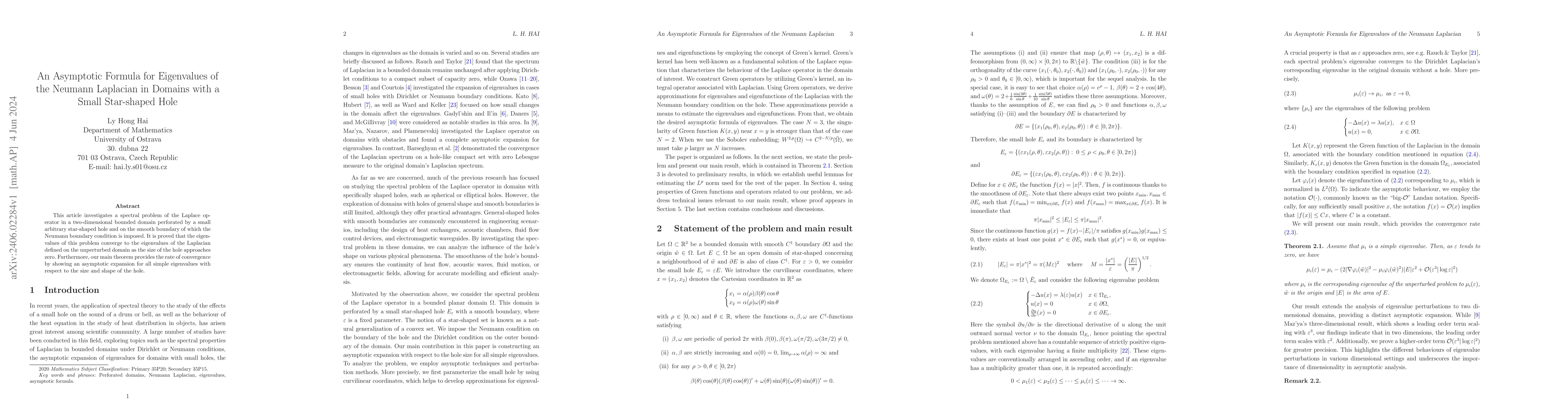Thumbnail for An Asymptotic Formula for Eigenvalues of the Neumann Laplacian in
  Domains with a Small Star-shaped Hole