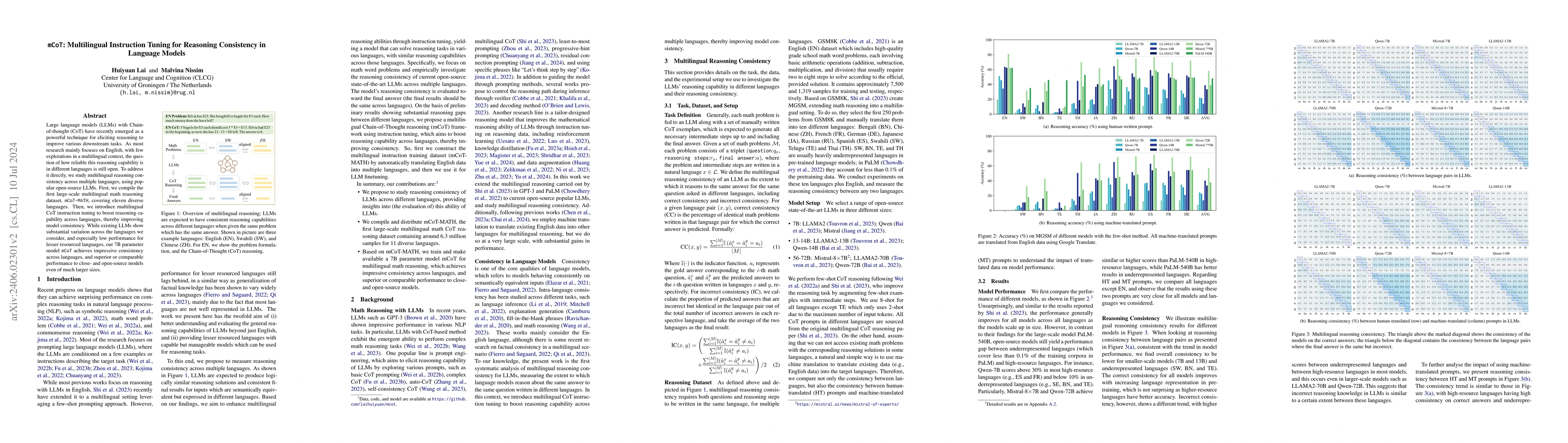 Thumbnail for mCoT: Multilingual Instruction Tuning for Reasoning Consistency in
  Language Models