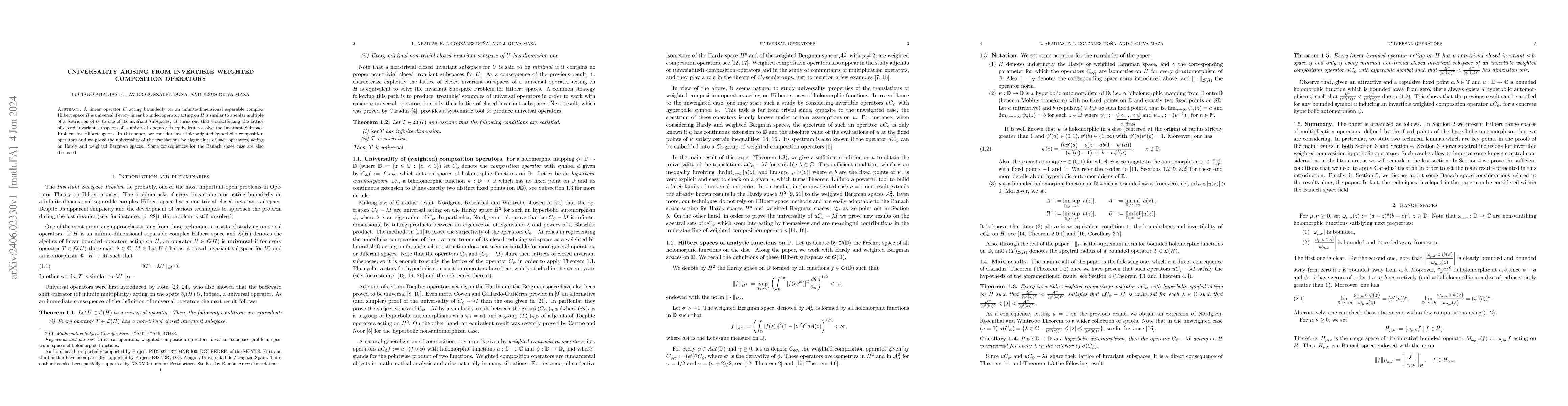 Thumbnail for Universality arising from invertible weighted composition operators