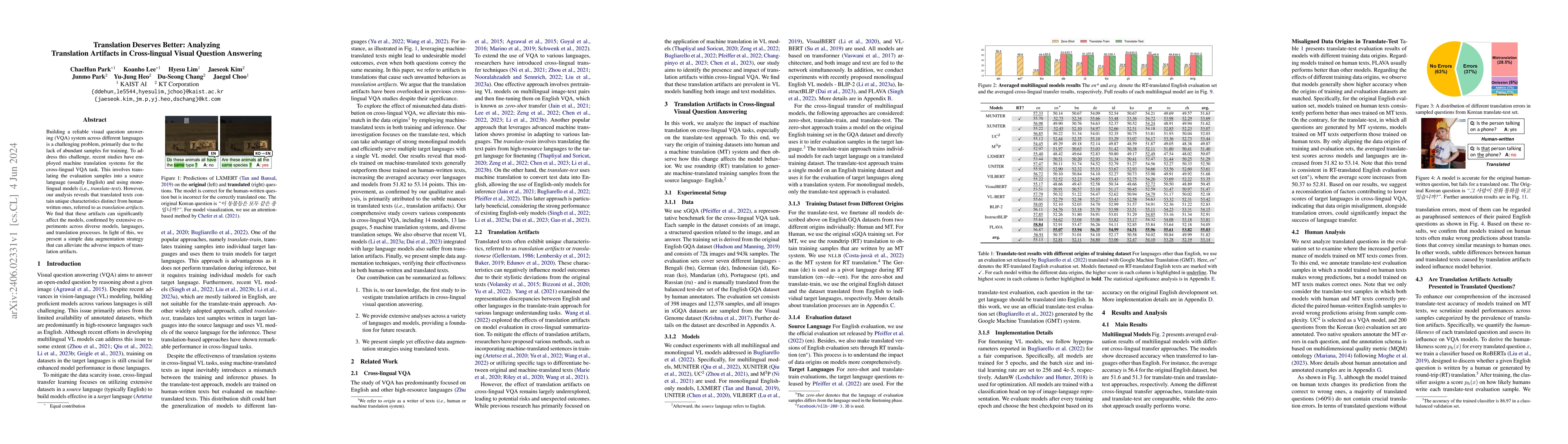 Thumbnail for Translation Deserves Better: Analyzing Translation Artifacts in
  Cross-lingual Visual Question Answering