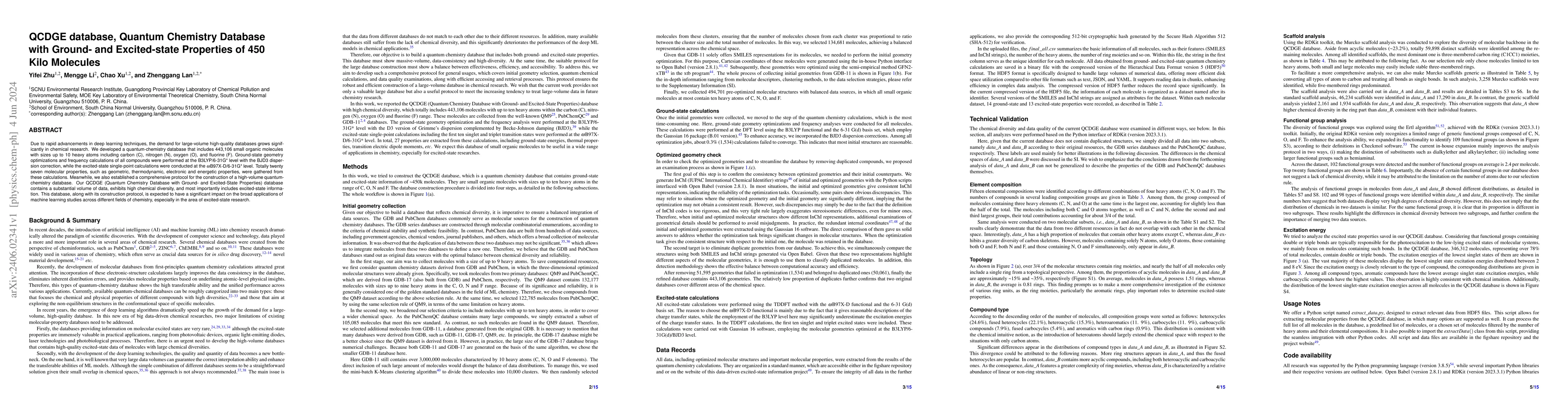 Thumbnail for QCDGE database, Quantum Chemistry Database with Ground- and
  Excited-state Properties of 450 Kilo Molecules