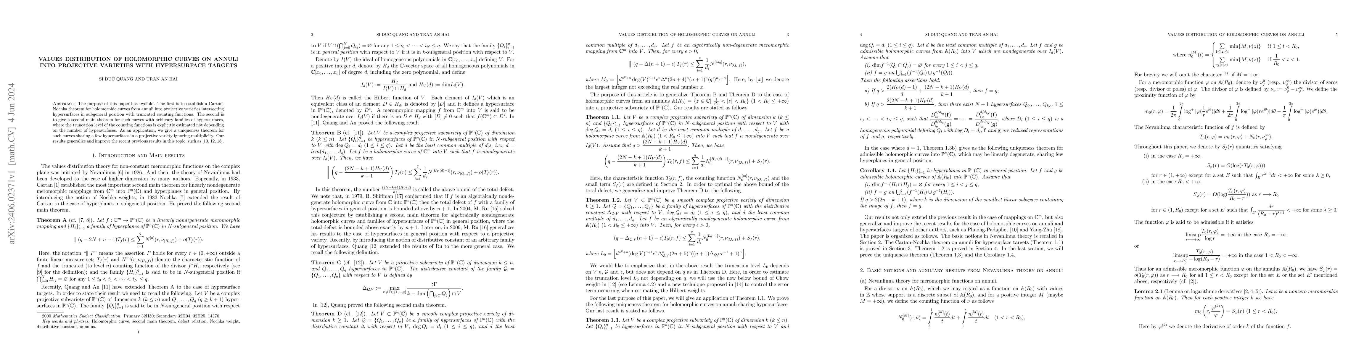 Thumbnail for Values distribution of holomorphic curves on annuli into projective
  varieties with hypersurface targets