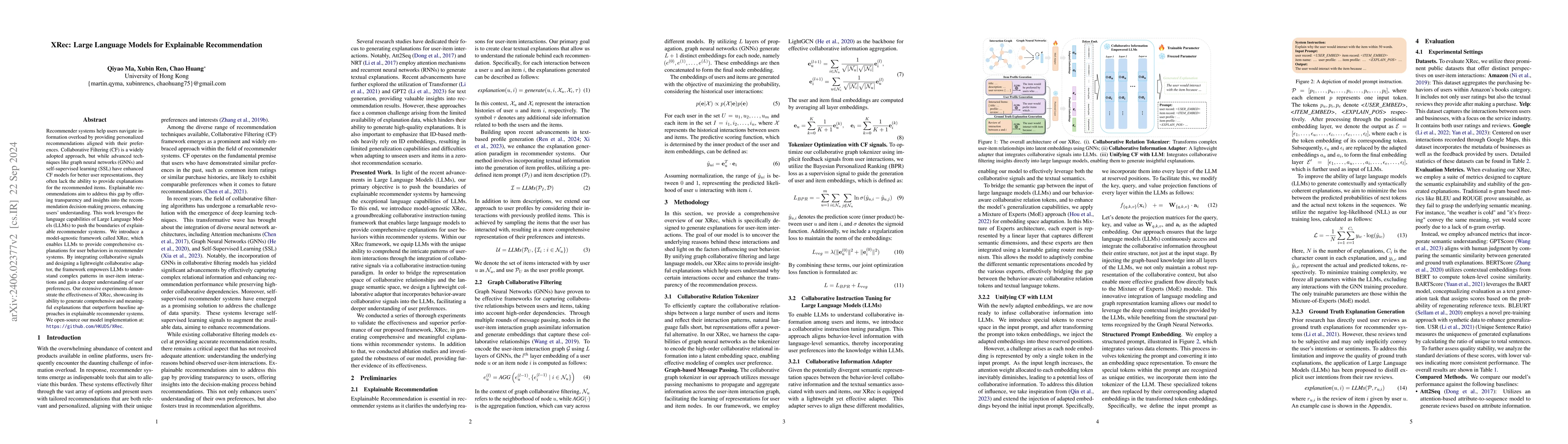 Thumbnail for XRec: Large Language Models for Explainable Recommendation