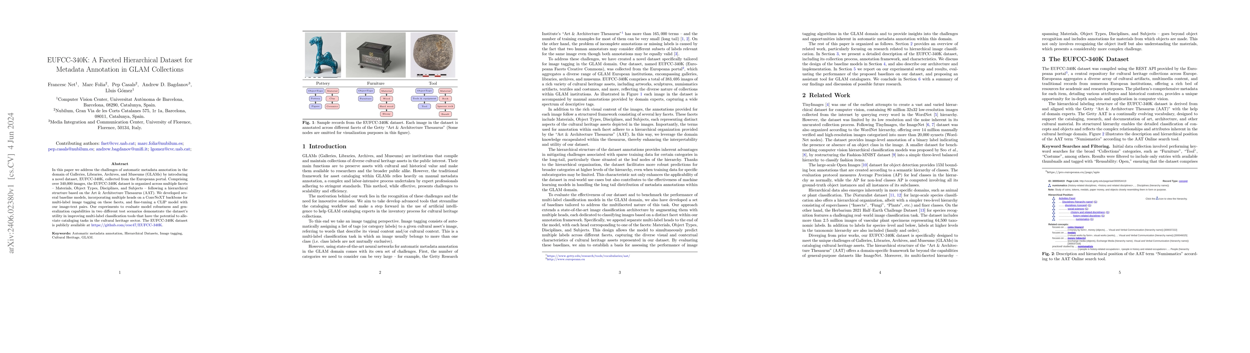 Thumbnail for EUFCC-340K: A Faceted Hierarchical Dataset for Metadata Annotation in
  GLAM Collections