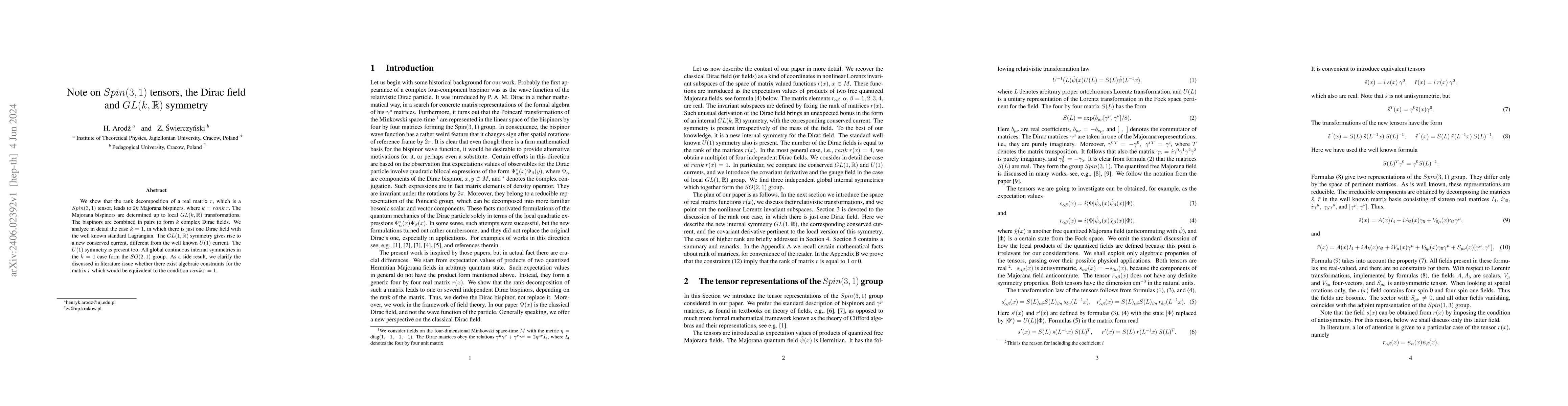 Thumbnail for Note on $Spin(3,1)$ tensors, the Dirac field and $GL(k, \mathbb{R})$
  symmetry