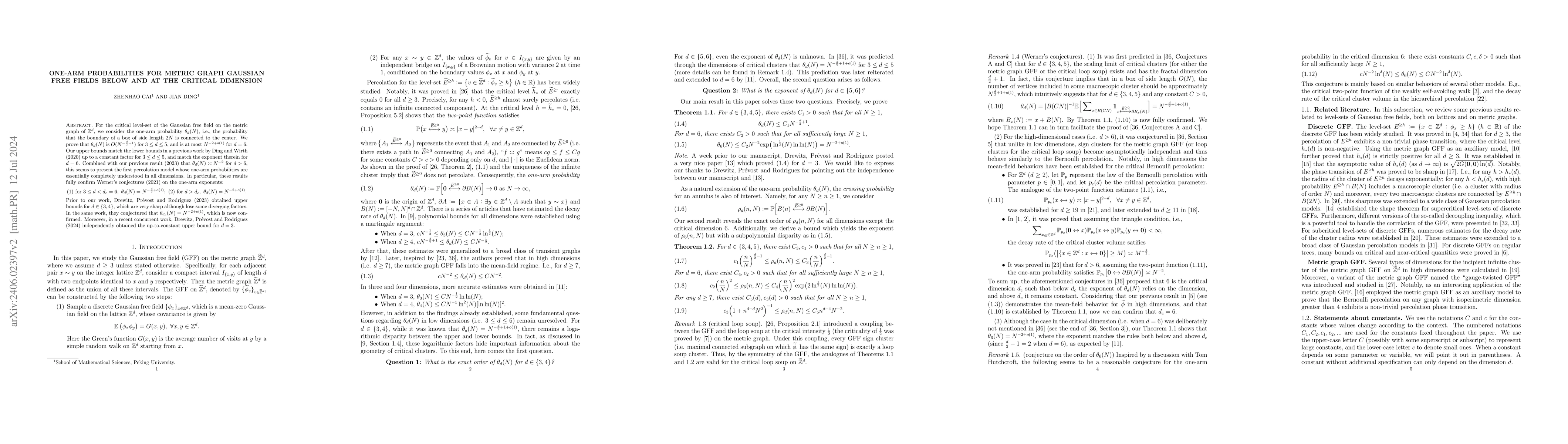 Thumbnail for One-arm Probabilities for Metric Graph Gaussian Free Fields below and at
  the Critical Dimension