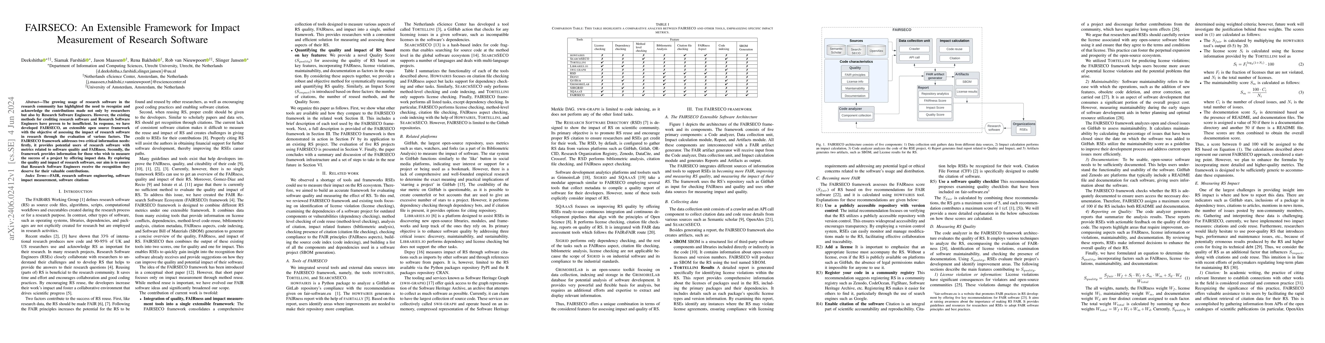 Thumbnail for FAIRSECO: An Extensible Framework for Impact Measurement of Research
  Software