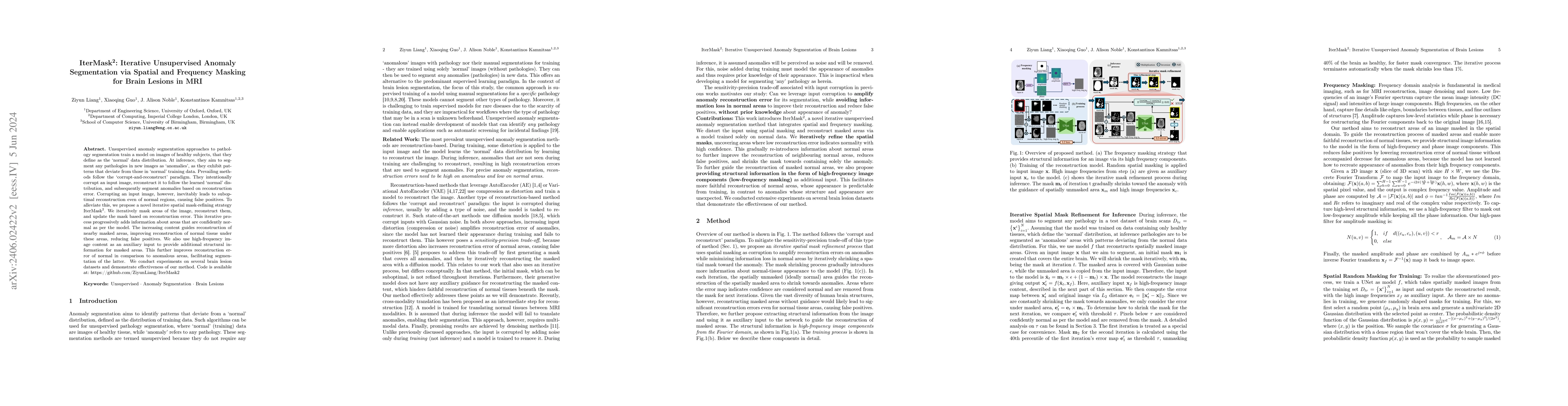 Thumbnail for IterMask2: Iterative Unsupervised Anomaly Segmentation via Spatial and
  Frequency Masking for Brain Lesions in MRI