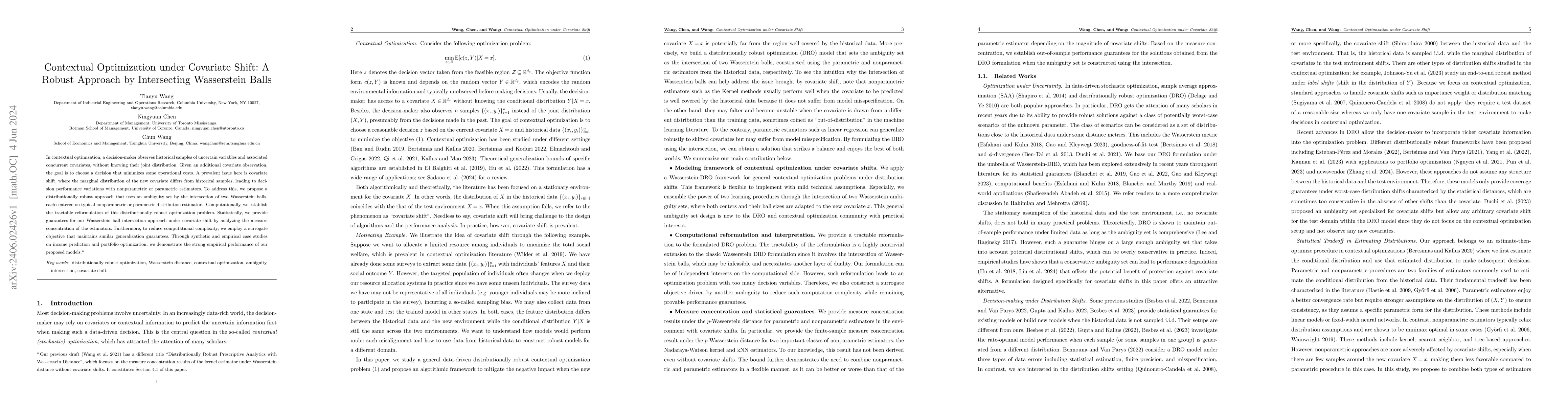 Thumbnail for Contextual Optimization under Covariate Shift: A Robust Approach by
  Intersecting Wasserstein Balls