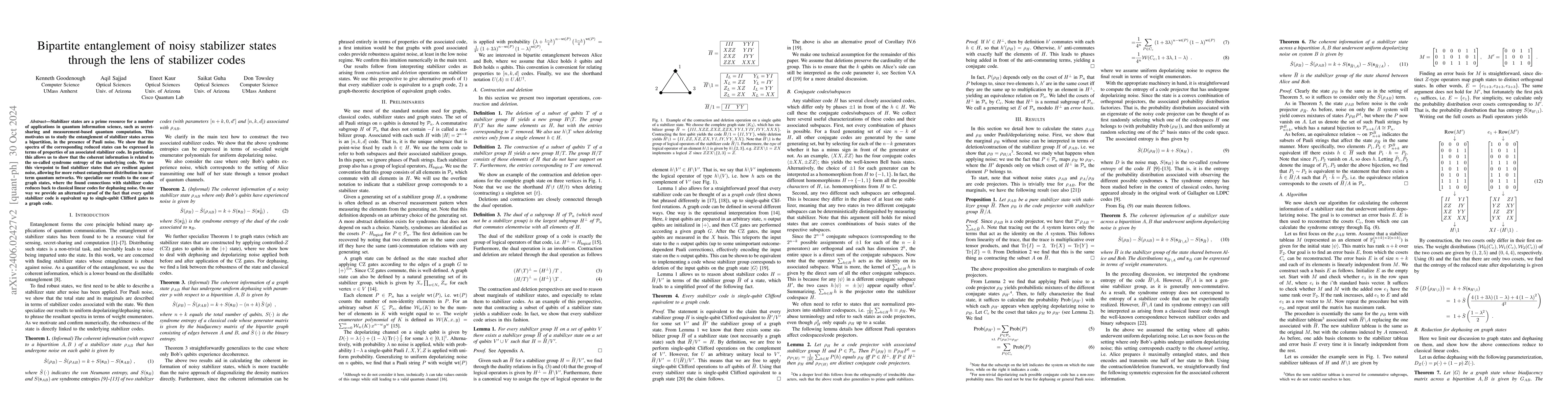 Thumbnail for Bipartite entanglement of noisy stabilizer states through the lens of
  stabilizer codes