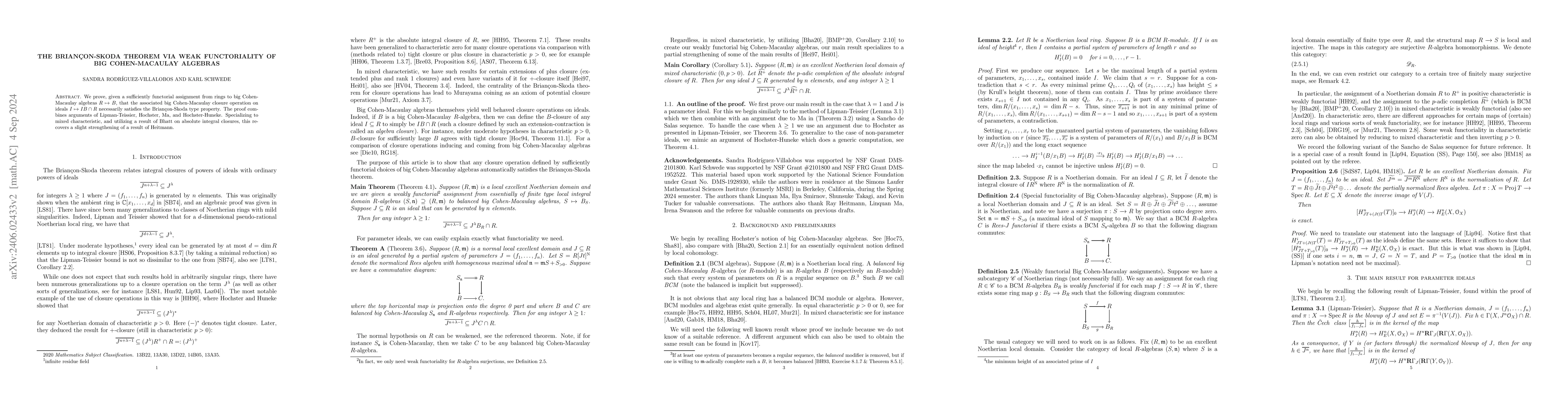 Thumbnail for The Brian\c{c}on-Skoda Theorem via weak functoriality of big
  Cohen-Macaulay algebras