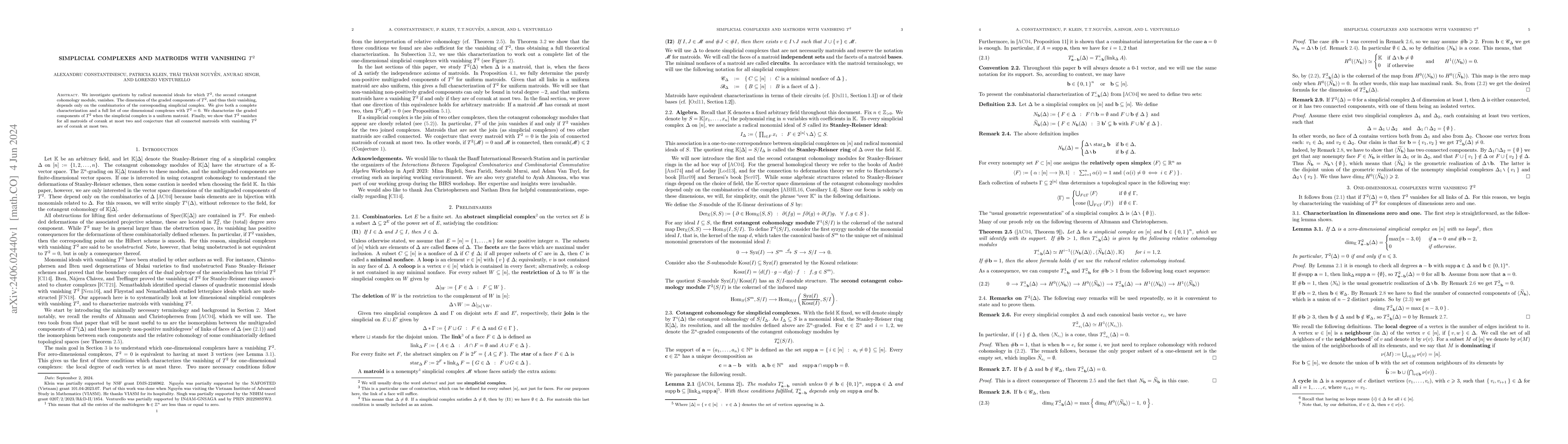 Thumbnail for Simplicial complexes and matroids with vanishing $T^2$