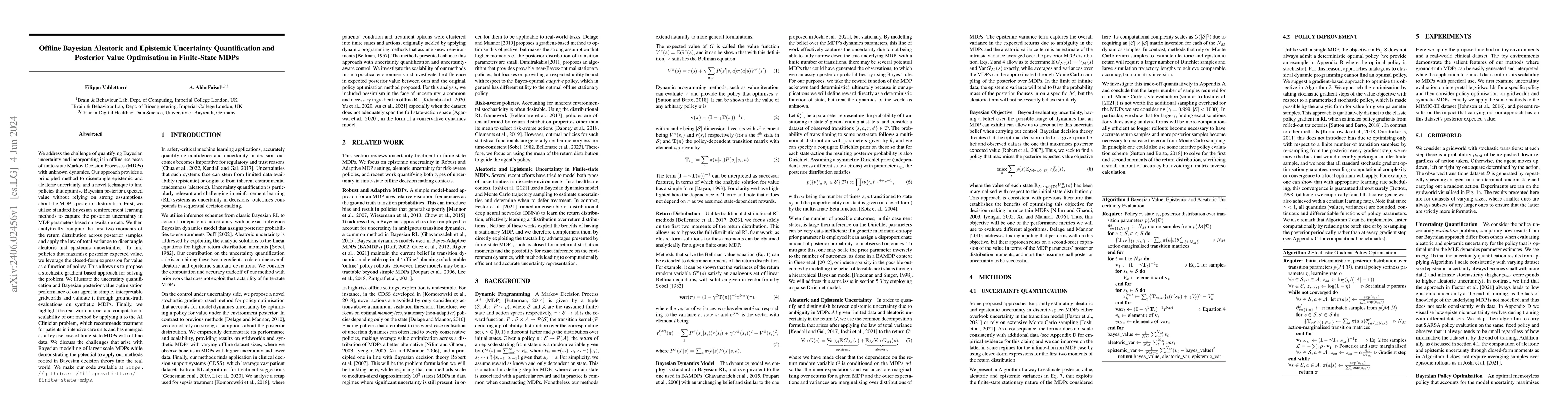 Thumbnail for Offline Bayesian Aleatoric and Epistemic Uncertainty Quantification and
  Posterior Value Optimisation in Finite-State MDPs