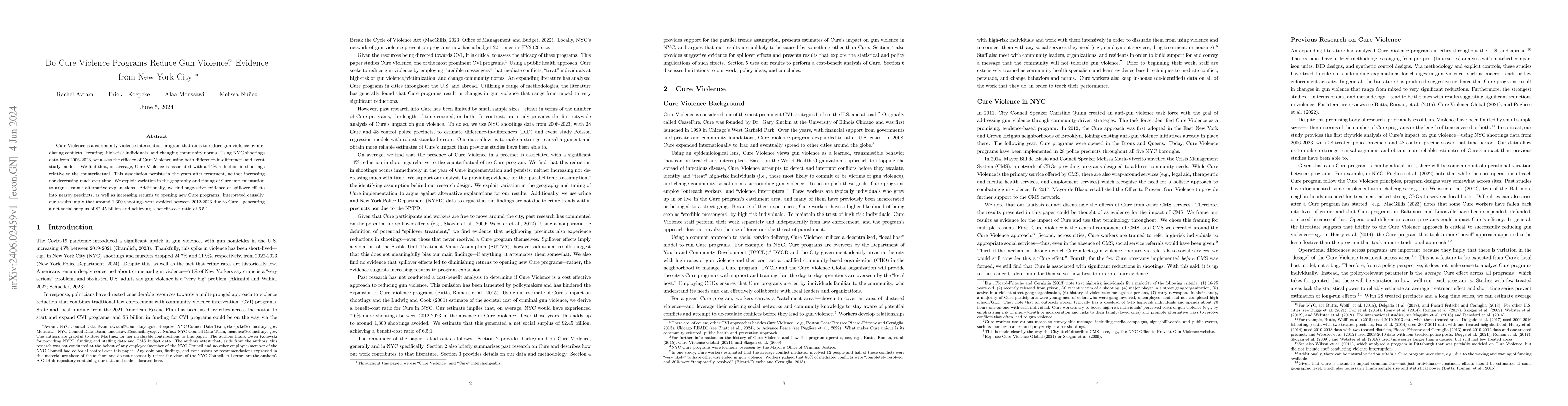 Thumbnail for Do Cure Violence Programs Reduce Gun Violence? Evidence from New York
  City