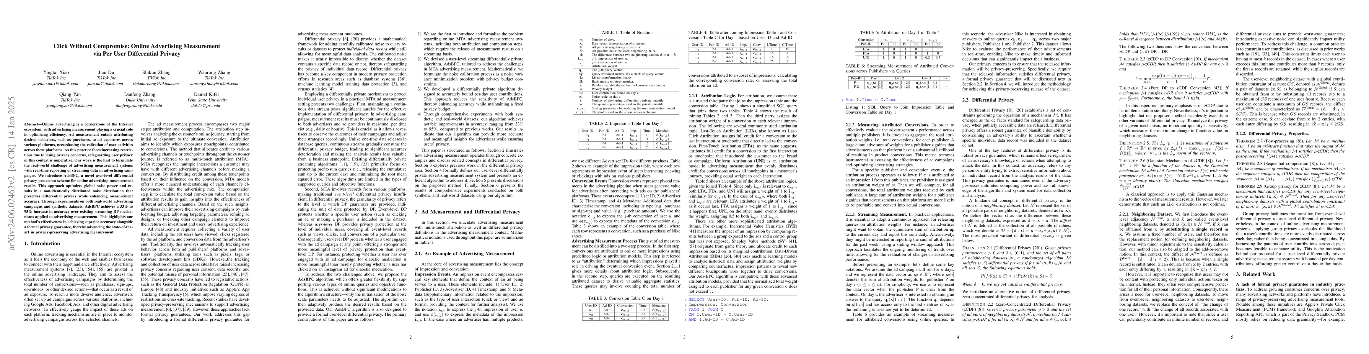 Thumbnail for Click Without Compromise: Online Advertising Measurement via Per User
  Differential Privacy
