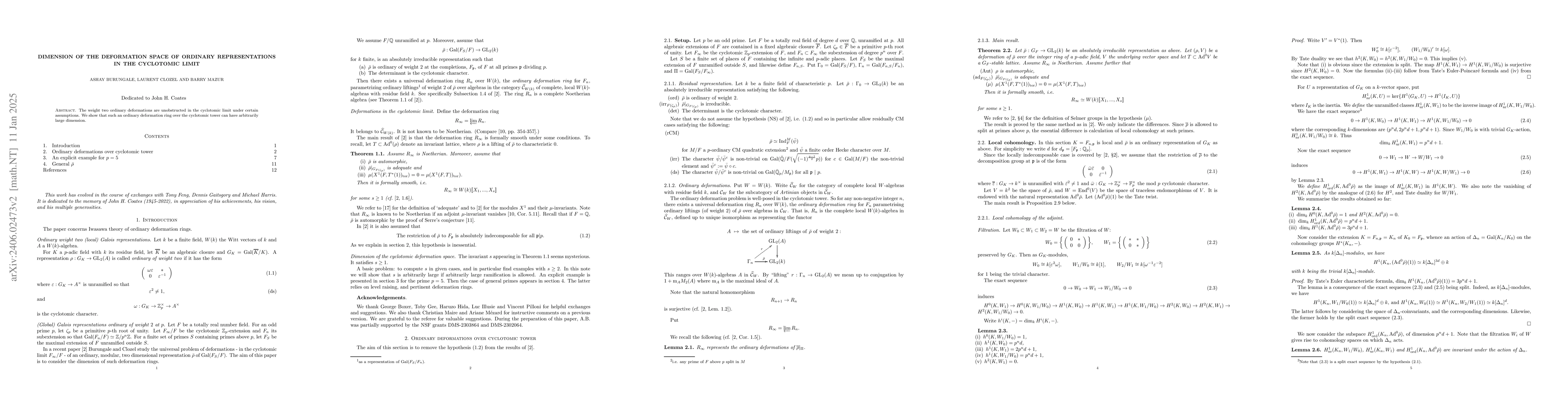 Thumbnail for Dimension of the deformation space of ordinary representations in the
  cyclotomic limit