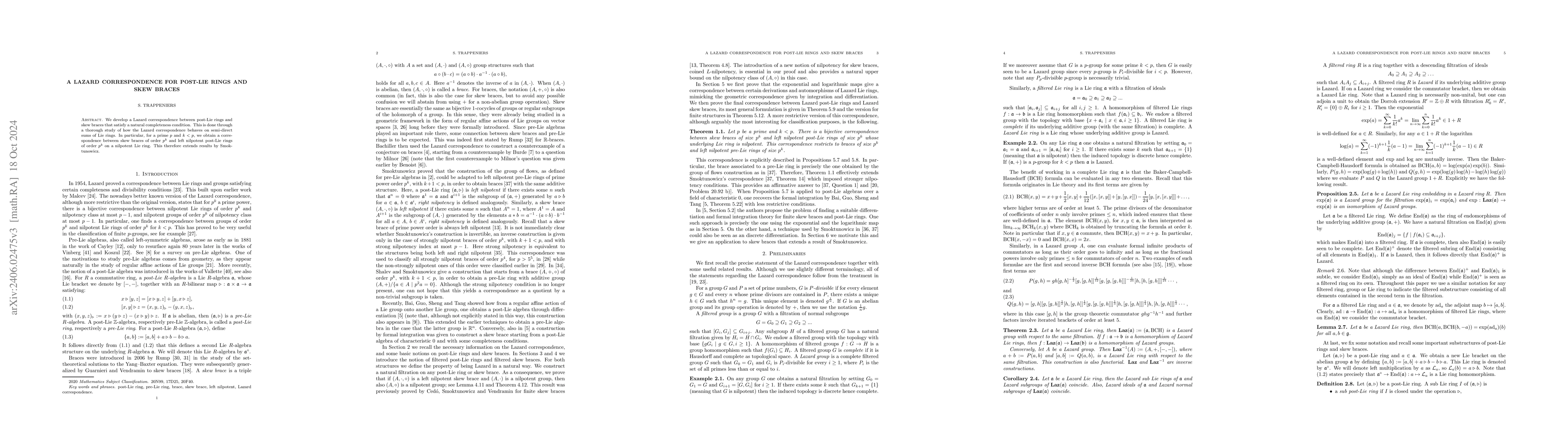 Thumbnail for A Lazard correspondence for post-Lie rings and skew braces