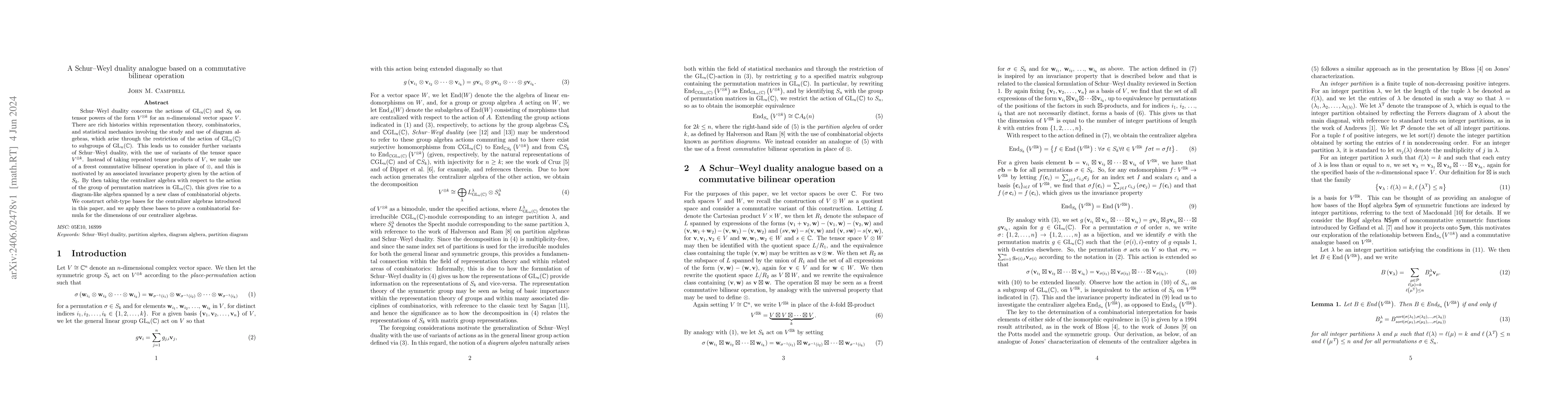 Thumbnail for A Schur-Weyl duality analogue based on a commutative bilinear operation