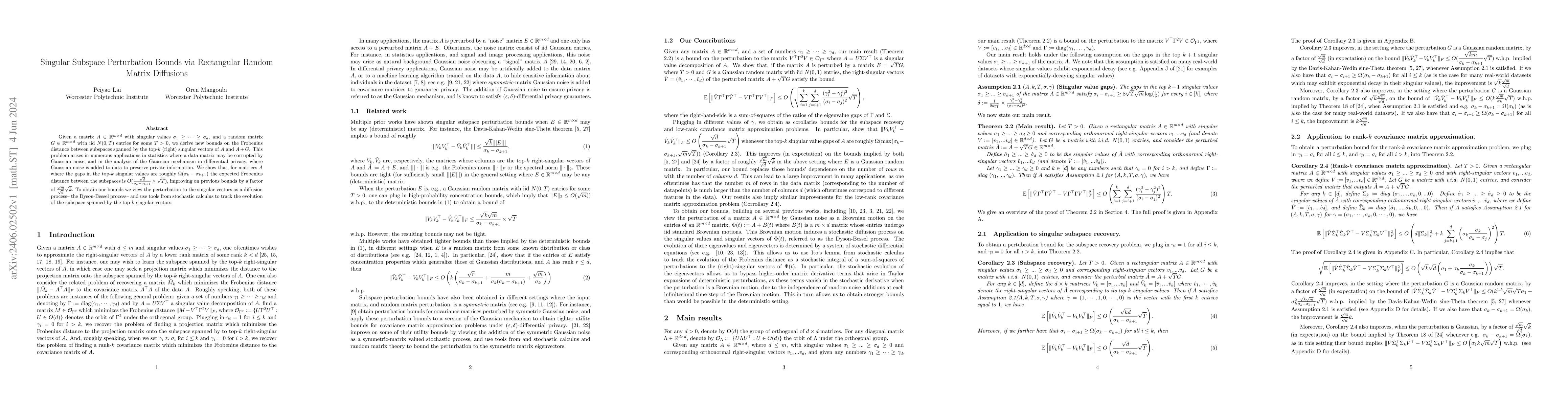 Thumbnail for Singular Subspace Perturbation Bounds via Rectangular Random Matrix
  Diffusions