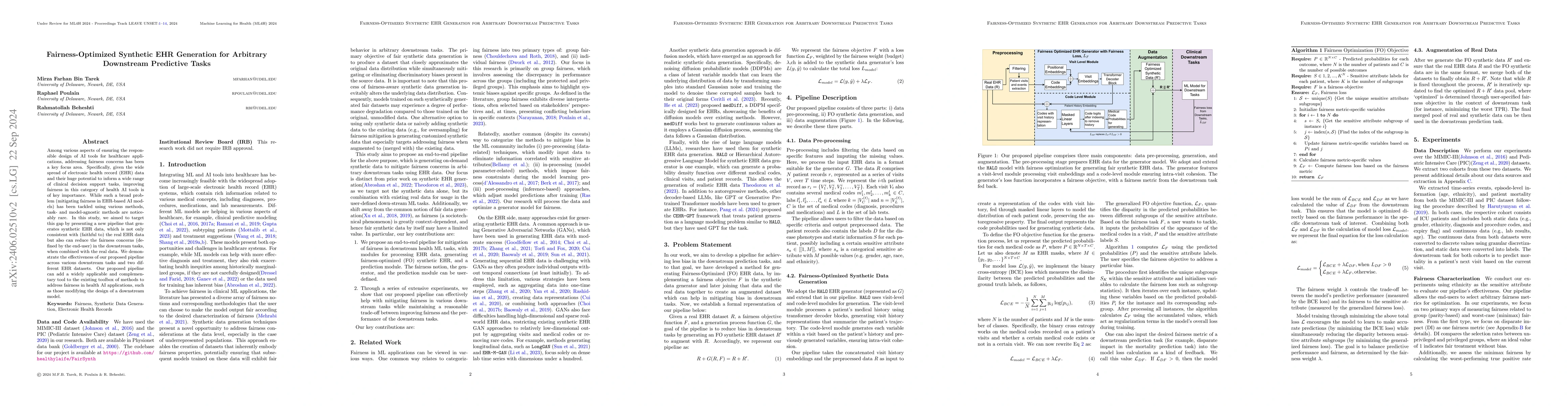 Thumbnail for Fairness-Optimized Synthetic EHR Generation for Arbitrary Downstream
  Predictive Tasks