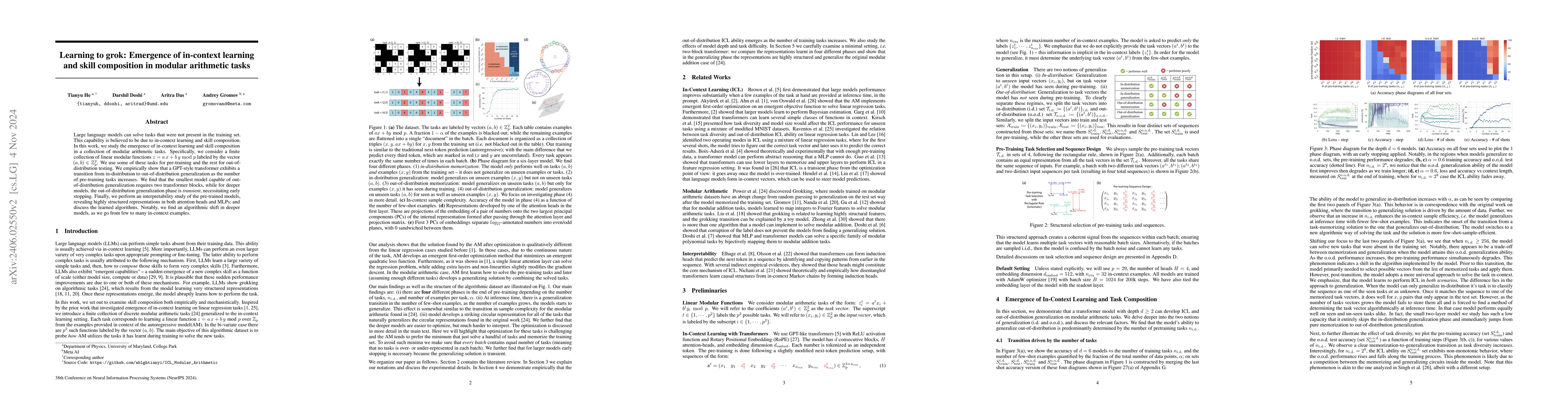 Thumbnail for Learning to grok: Emergence of in-context learning and skill composition
  in modular arithmetic tasks