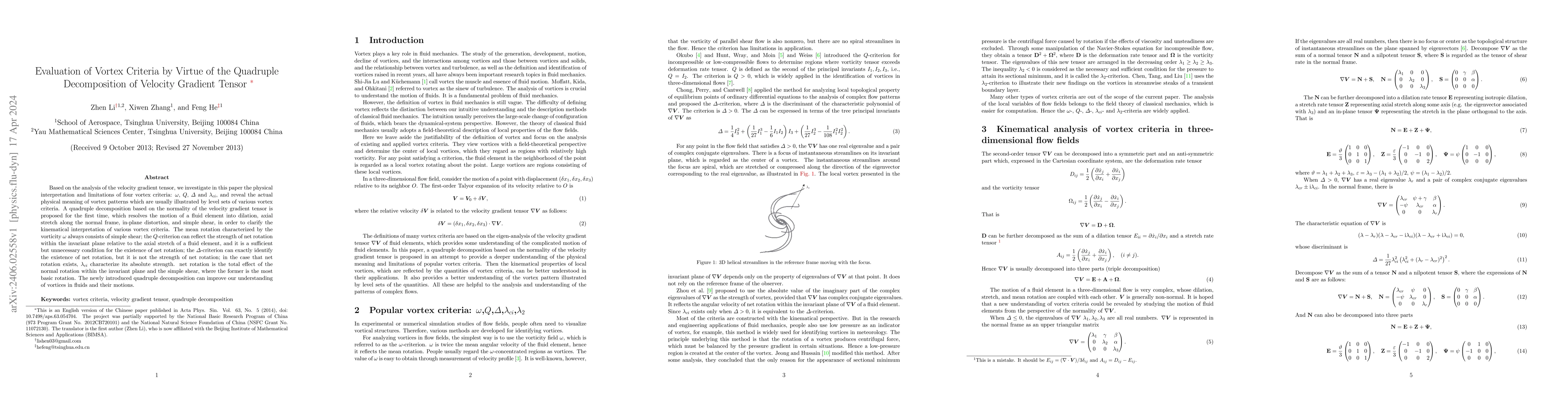 Thumbnail for Evaluation of Vortex Criteria by Virtue of the Quadruple Decomposition
  of Velocity Gradient Tensor
