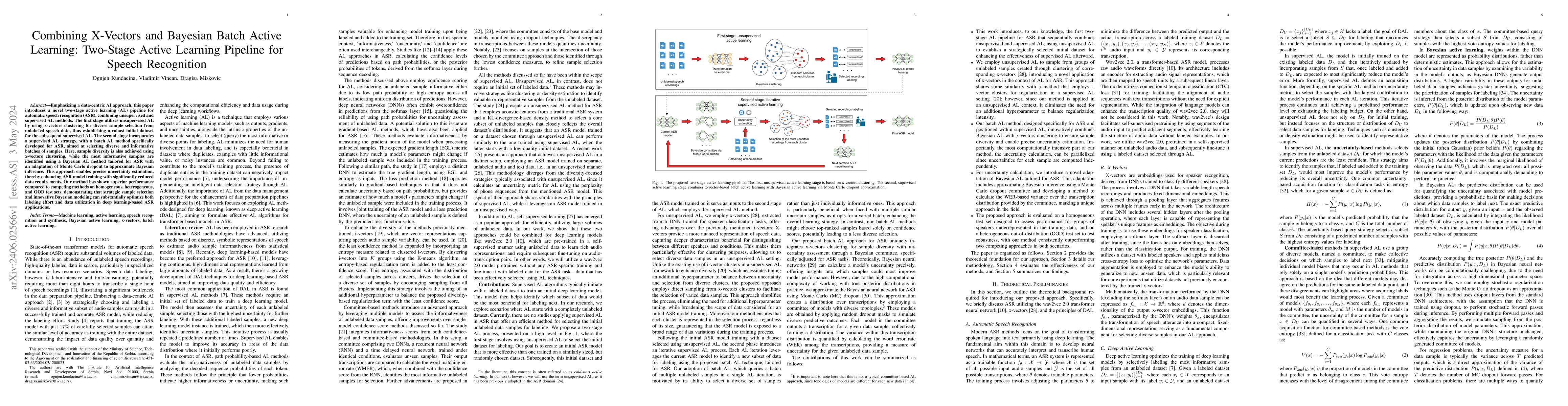 Thumbnail for Combining X-Vectors and Bayesian Batch Active Learning: Two-Stage Active
  Learning Pipeline for Speech Recognition