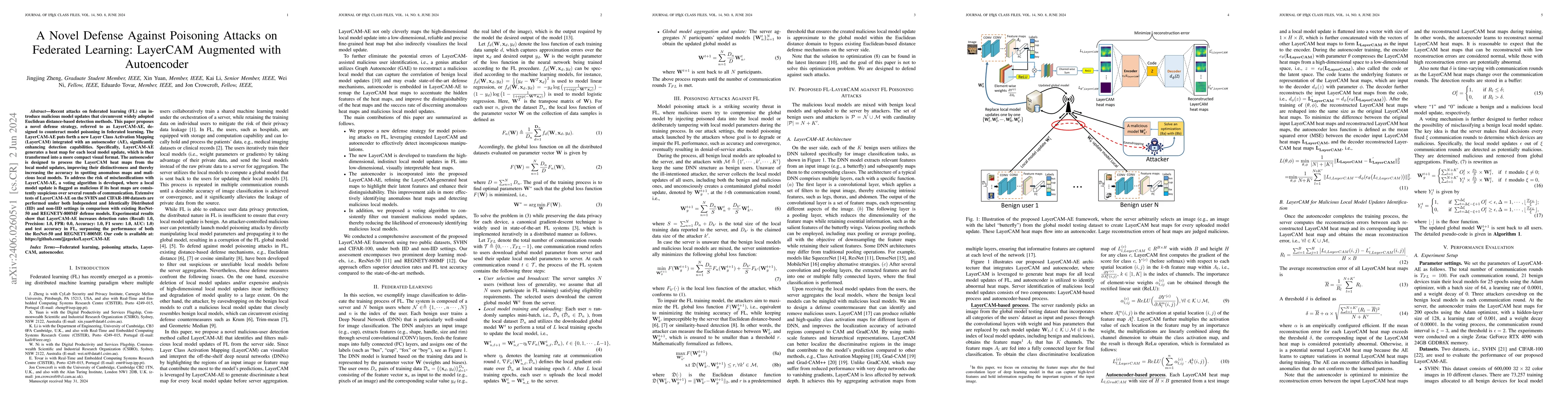 Thumbnail for A Novel Defense Against Poisoning Attacks on Federated Learning:
  LayerCAM Augmented with Autoencoder