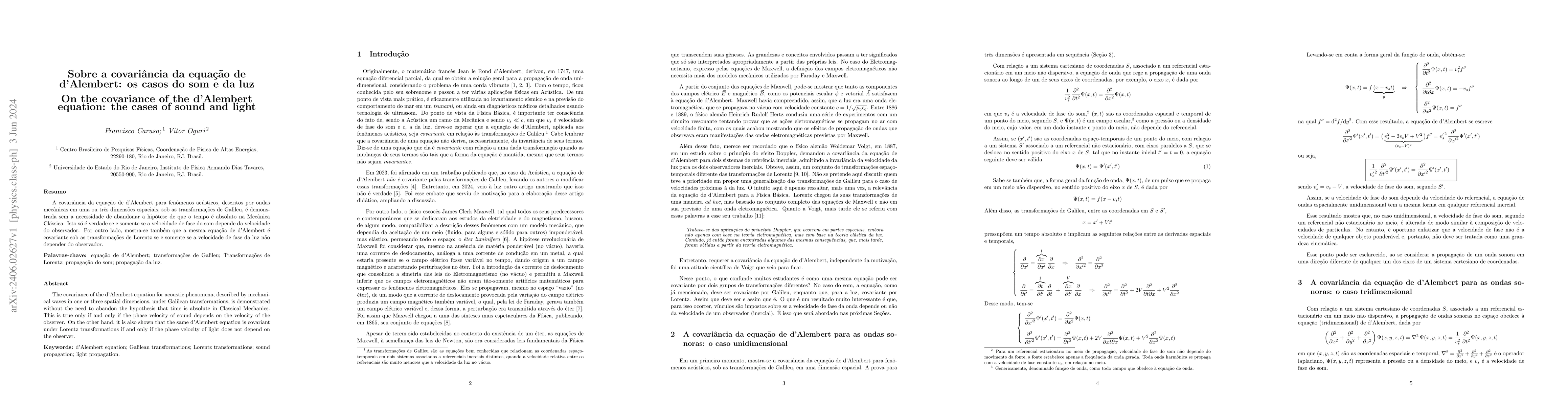 Thumbnail for On the covariance of the d'Alembert equation: the cases of sound and
  light
