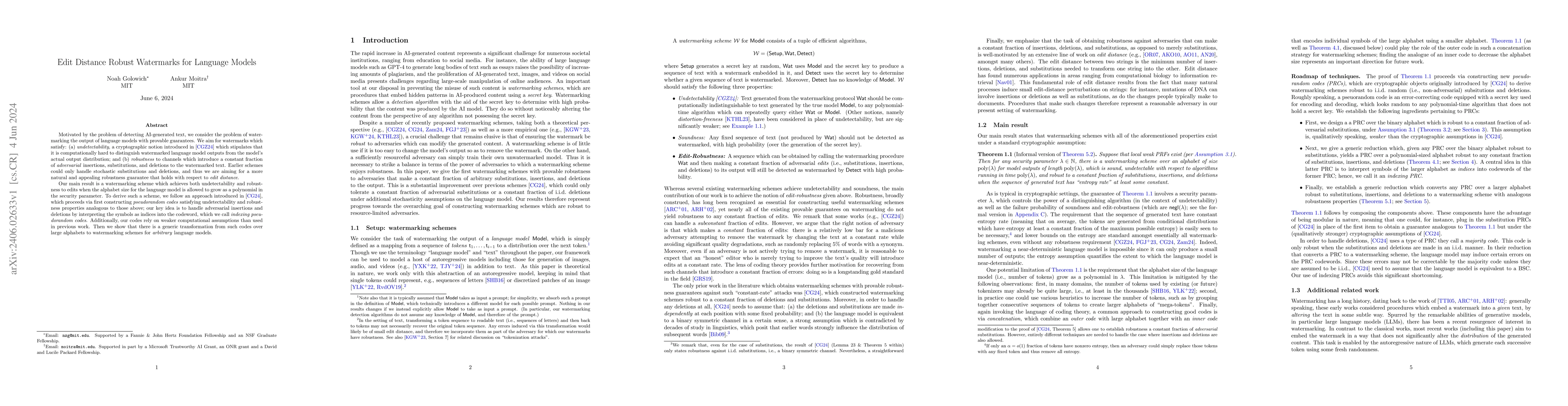 Thumbnail for Edit Distance Robust Watermarks for Language Models