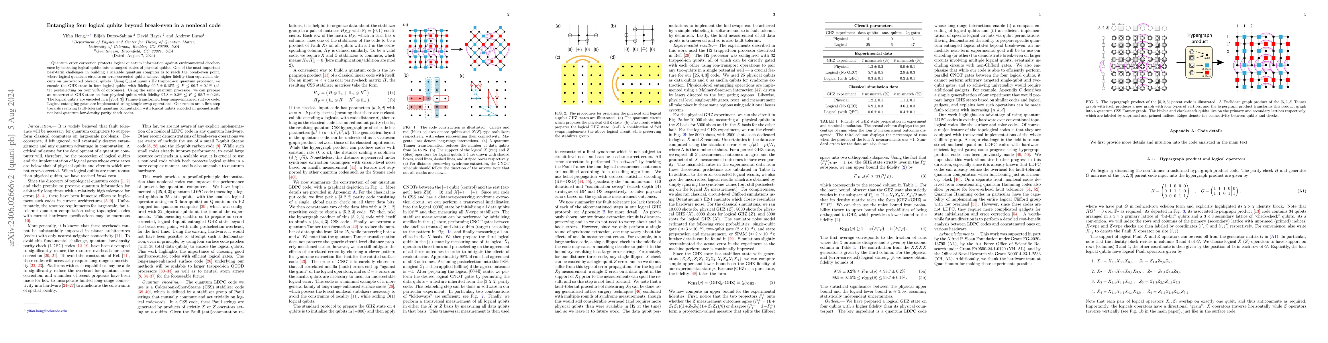 Thumbnail for Entangling four logical qubits beyond break-even in a nonlocal code