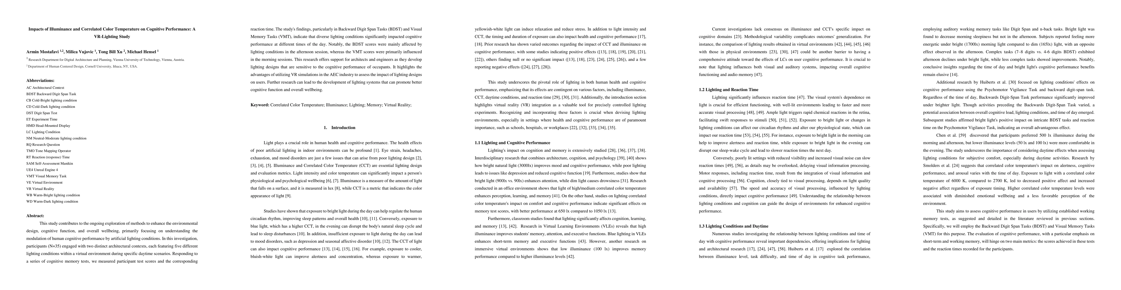 Thumbnail for Impacts of Illuminance and Correlated Color Temperature on Cognitive
  Performance: A VR-Lighting Study