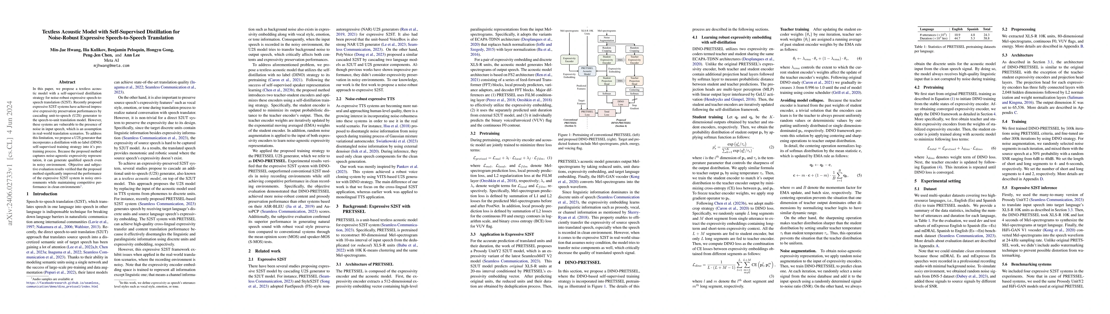 Thumbnail for Textless Acoustic Model with Self-Supervised Distillation for
  Noise-Robust Expressive Speech-to-Speech Translation